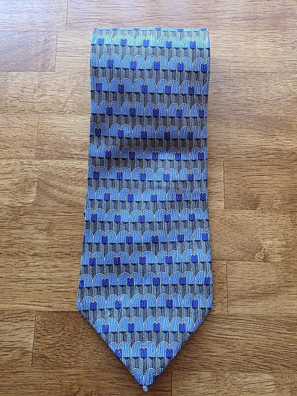 Vintage Richel Spain Silk Tie Blue Geometric Art Deco Handmade Necktie 60x4